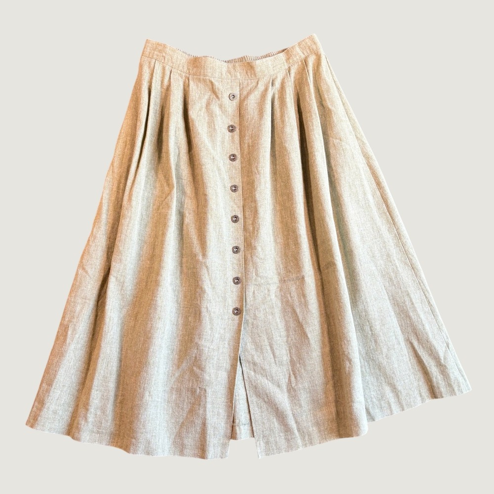 Alfred Dunner Midi Skirt 14 Sage Green Linen Look Button Front Pleated Prairie